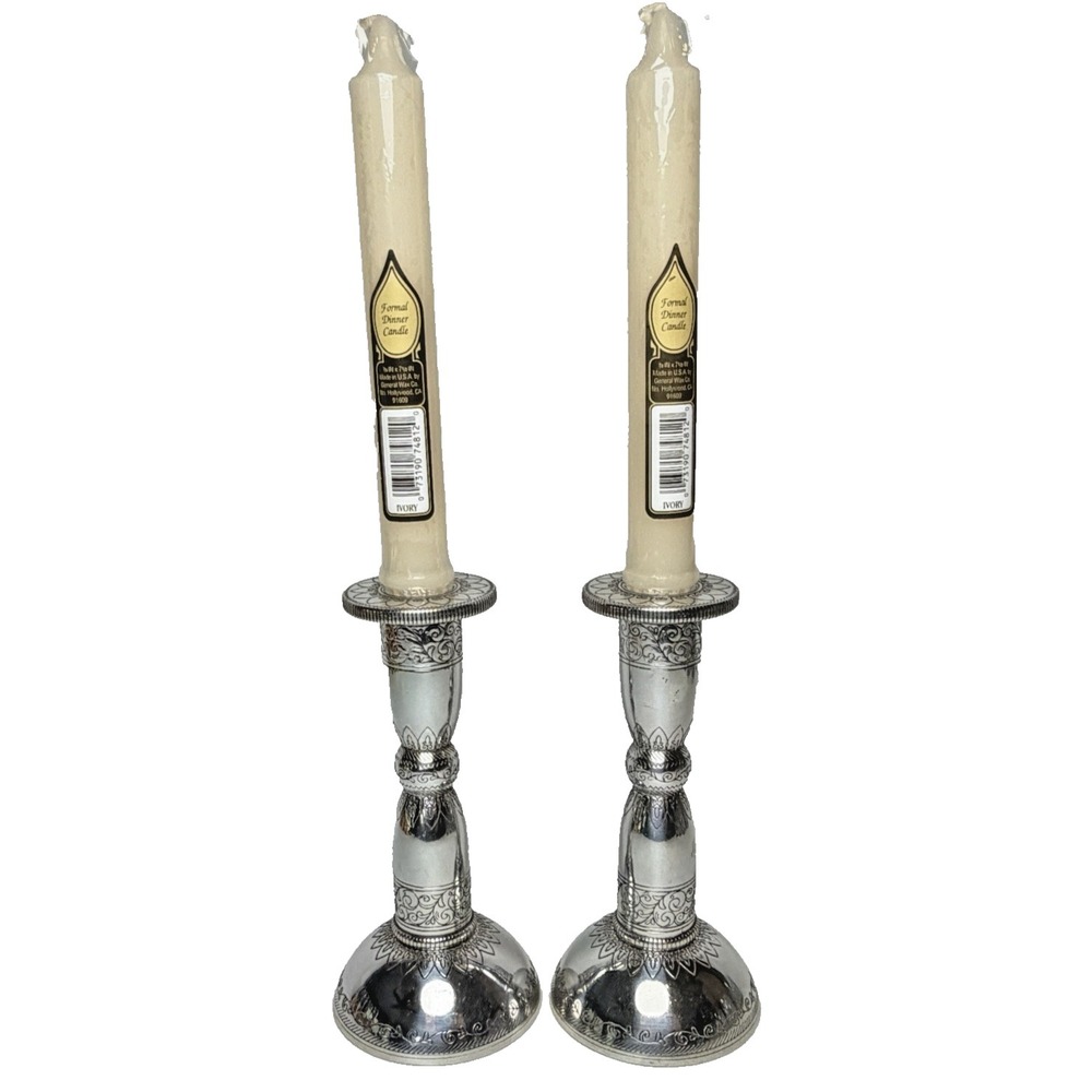 Brighton Cinderella Candlestick Holders Silver Scroll Design 6" tall Set of 2‎